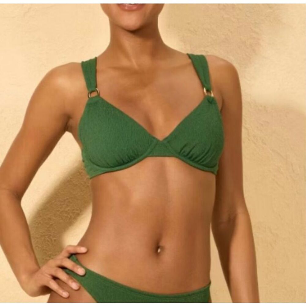 🌸 Shade and Shore Green Crepe Underwire Gold Ring Bikini Top Size 32B